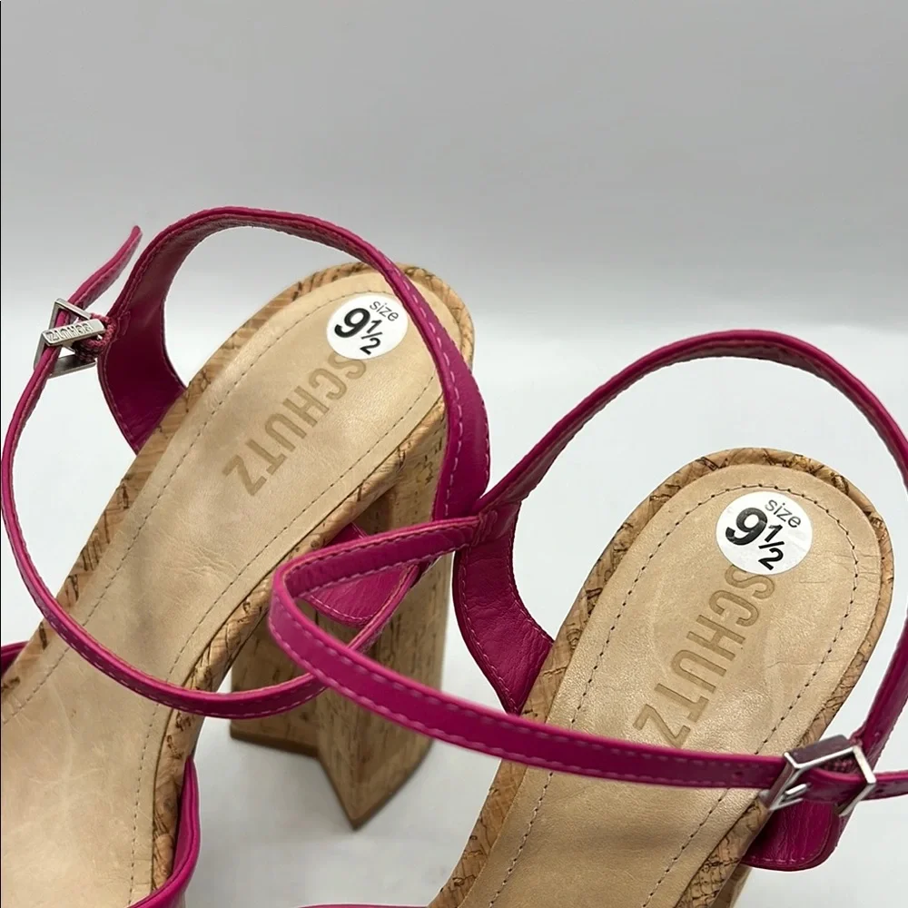 SCHUTZ Sz 9 1/2 GLAYCE NAPPA LEATHER‎ SANDAL Pink Tan Platform Chunky Heel NEW